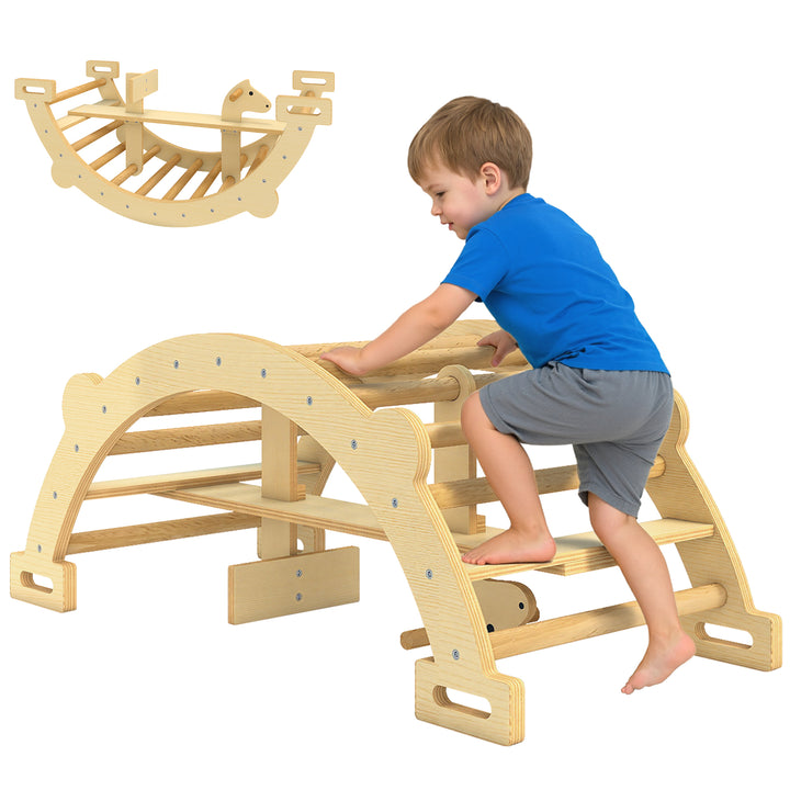 Arco de Escalada 2 em 1 de Madeira e Baloiço Montessori Brinquedo Educativo Interior para Crianças de 2-4 Anos 110x52 cm Madeira