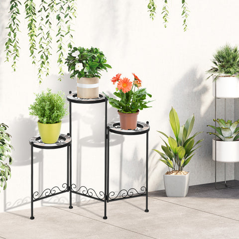 Suporte de Metal para Plantas Dobrável Suporte para Flores com 3 Prateleiras com Bordas de Azulejo para Decoração de Interiores e Exteriores 60x22x65cm Preto