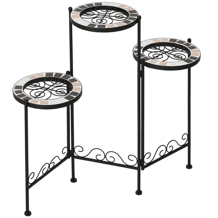 Suporte de Metal para Plantas Dobrável Suporte para Flores com 3 Prateleiras com Bordas de Azulejo para Decoração de Interiores e Exteriores 60x22x65cm Preto