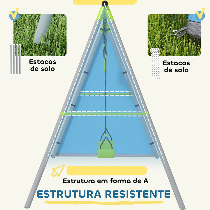 Baloiço para Crianças de +3 Anos 3 em 1 Baloiço para Jardim Exterior com Baloiço Anéis de Ginástica e Tenda Estrutura Metálica Verde