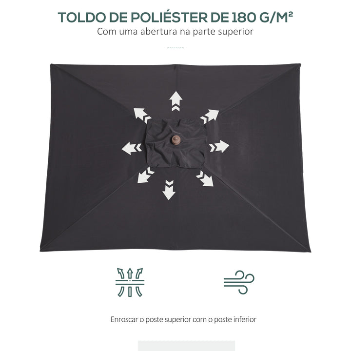 Chapéu de Sol de Jardim 200x150x230 cm Chapéu de Sol Retangular Inclinável com Polia Duplo Teto e Mastro Desmontável de Madeira para Terraço Pátio Cinzento Escuro