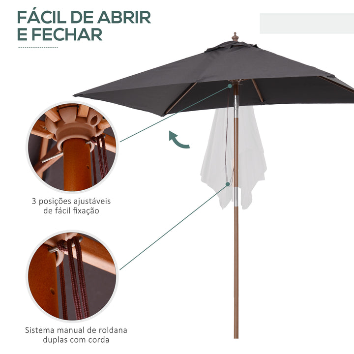 Chapéu de Sol de Jardim 200x150x230 cm Chapéu de Sol Retangular Inclinável com Polia Duplo Teto e Mastro Desmontável de Madeira para Terraço Pátio Cinzento Escuro