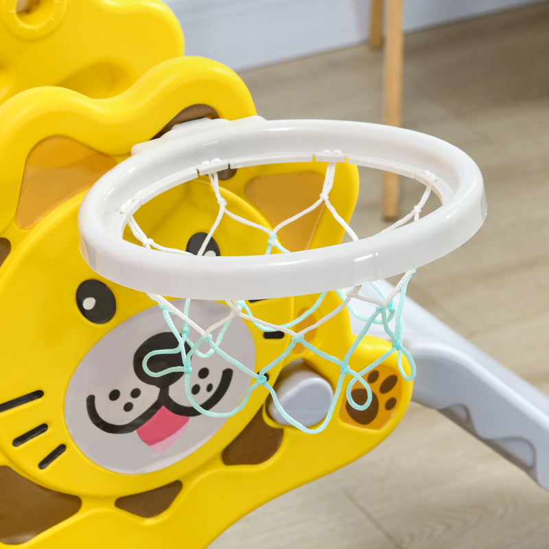 Escorrega para Crianças 2 em 1 Escorrega para Crianças de 18 a 36 Meses com 2 Degraus Cesta de basquetebol e Desenho de Leão para Interior 131x50x74 cm Amarelo e Cinza