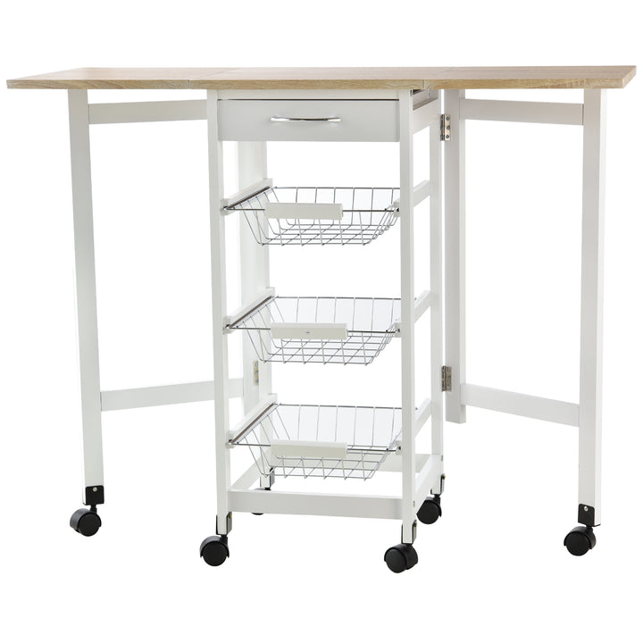 Carrinho de Cozinha Dobrável Carrinho Auxiliar com Rodas 1 Gaveta e 3 Cestos de Metal Carrinho de Serviço Multifuncional para Armazenamento Carga 50 kg 97,2x37x77,5 cm Branco e Madeira
