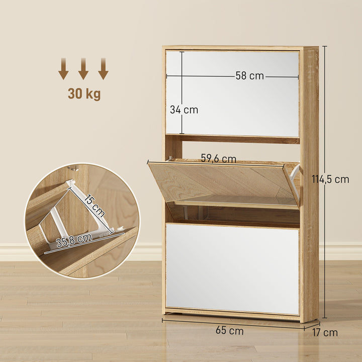 Sapateira Estreita 3 Portas com Espelho Sapateira para Entrada Corredor Para 9 Pares de Sapatos Para Corredor Espaços Reduzidos 65x17x114,5 cm Madeira