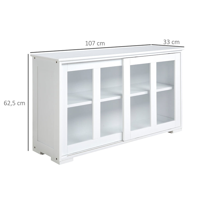 Aparador de Cozinha Moderno Aparador Empilhável Móvel Auxiliar de Cozinha com 2 Portas de Correr de Vidro e Prateleira Ajustável para Sala de Estar Sala de Jantar 107x33x62,5 cm Branco