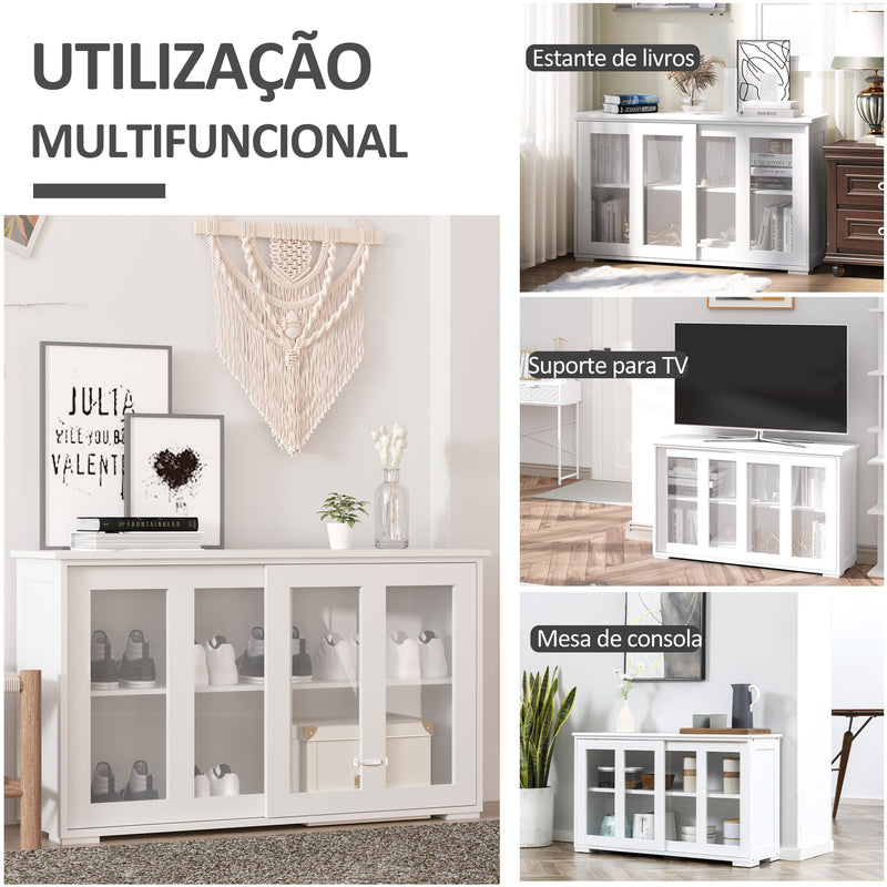 Aparador de Cozinha Moderno Aparador Empilhável Móvel Auxiliar de Cozinha com 2 Portas de Correr de Vidro e Prateleira Ajustável para Sala de Estar Sala de Jantar 107x33x62,5 cm Branco