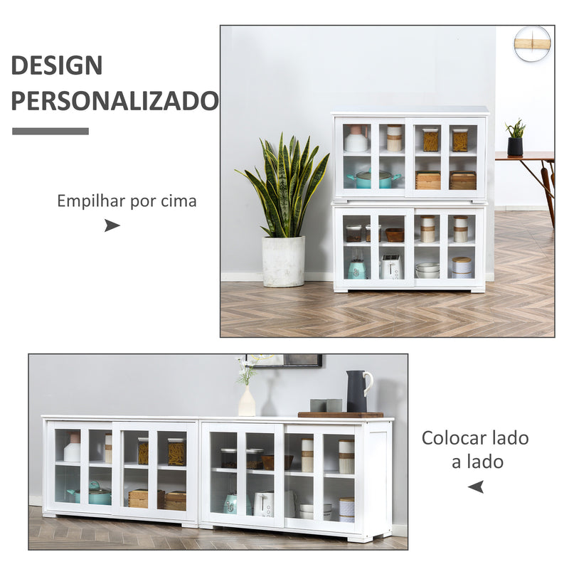 Aparador de Cozinha Moderno Aparador Empilhável Móvel Auxiliar de Cozinha com 2 Portas de Correr de Vidro e Prateleira Ajustável para Sala de Estar Sala de Jantar 107x33x62,5 cm Branco