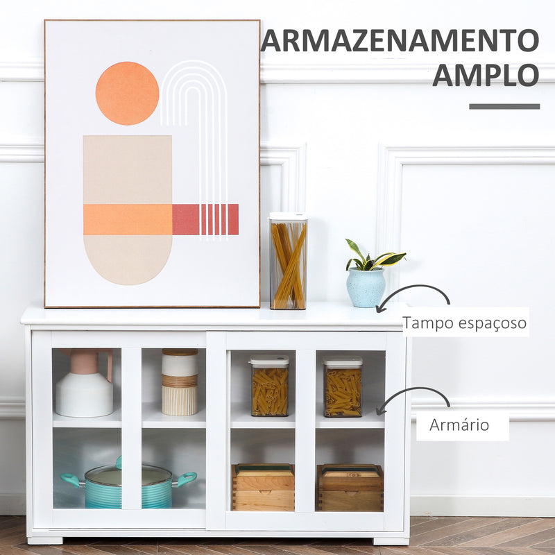 Aparador de Cozinha Moderno Aparador Empilhável Móvel Auxiliar de Cozinha com 2 Portas de Correr de Vidro e Prateleira Ajustável para Sala de Estar Sala de Jantar 107x33x62,5 cm Branco