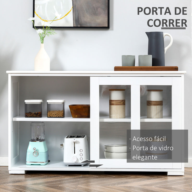 Aparador de Cozinha Moderno Aparador Empilhável Móvel Auxiliar de Cozinha com 2 Portas de Correr de Vidro e Prateleira Ajustável para Sala de Estar Sala de Jantar 107x33x62,5 cm Branco