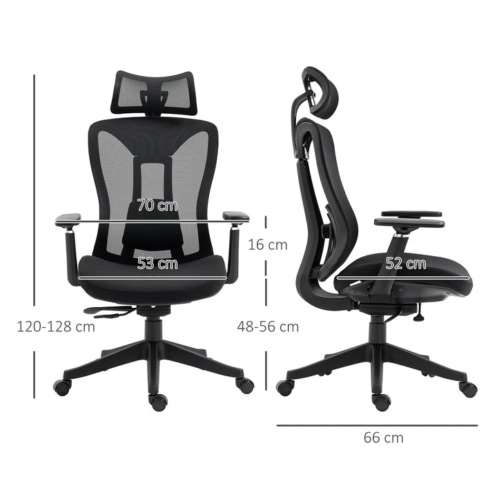 Cadeira de Escritório de Malha Cadeira de Escritório Reclinável com Apoio para a Cabeça Ajustável Suporte Lombar e Apoio para os Braços Carga 150 kg 70x66x120-128 cm Preto