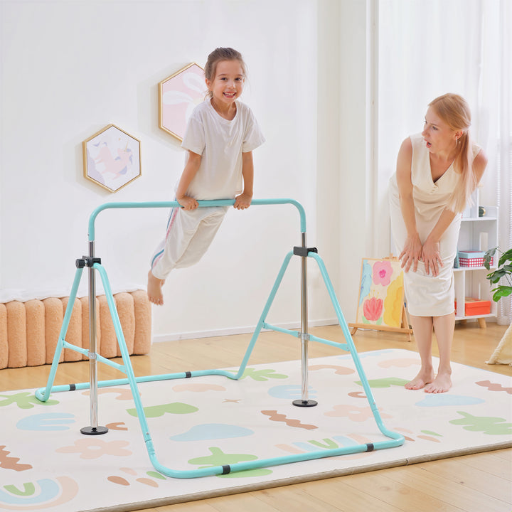 Barra de Ginástica Artística Barra Horizontal Dobrável com Altura Ajustável Equipamento de Ginástica para Treino em Casa para Crianças 154x106,2x88,5-128,5 cm Azul Celeste