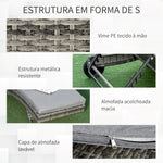 Espreguiçadeira de Vime Reclinável Espreguiçadeira de Jardim com Forma de S com 2 Rodas Encosto Ajustável em 5 Posições e Almofada Amovível para Pátio Varanda 207x70x70 cm Cinza