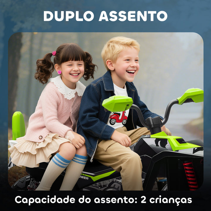 Quadricilo Elétrico para Crianças 24V para 3-8 Anos com 2 Lugares 2 Motores Velocidade até 6,5 km/h Rodas com Suspensão Faróis Buzina Música e USB 109x68,5x76 cm Verde