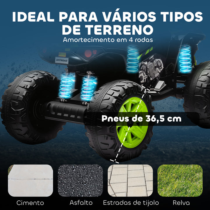 Quadricilo Elétrico para Crianças 24V para 3-8 Anos com 2 Lugares 2 Motores Velocidade até 6,5 km/h Rodas com Suspensão Faróis Buzina Música e USB 109x68,5x76 cm Verde