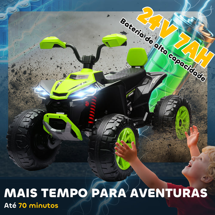 Quadricilo Elétrico para Crianças 24V para 3-8 Anos com 2 Lugares 2 Motores Velocidade até 6,5 km/h Rodas com Suspensão Faróis Buzina Música e USB 109x68,5x76 cm Verde