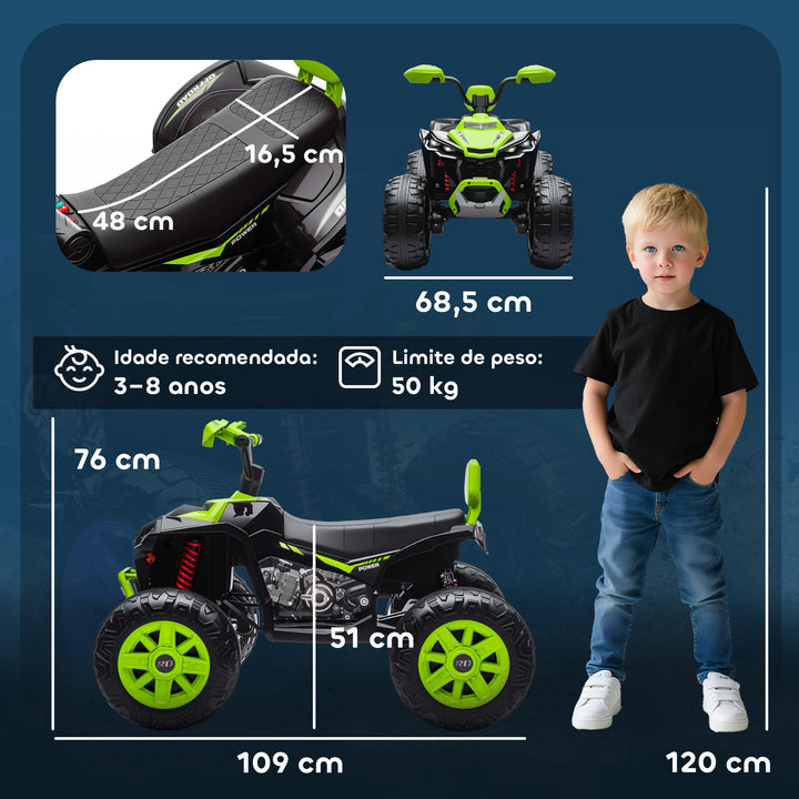 Quadricilo Elétrico para Crianças 24V para 3-8 Anos com 2 Lugares 2 Motores Velocidade até 6,5 km/h Rodas com Suspensão Faróis Buzina Música e USB 109x68,5x76 cm Verde