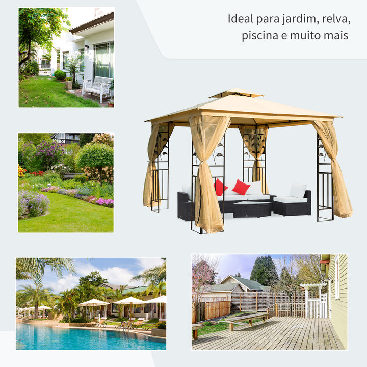 Pérgola ao ar livre 300x300x265cm com Rede Mosquiteira para Jardim Terraço com Espigões de solo Poliéster Aço Bege