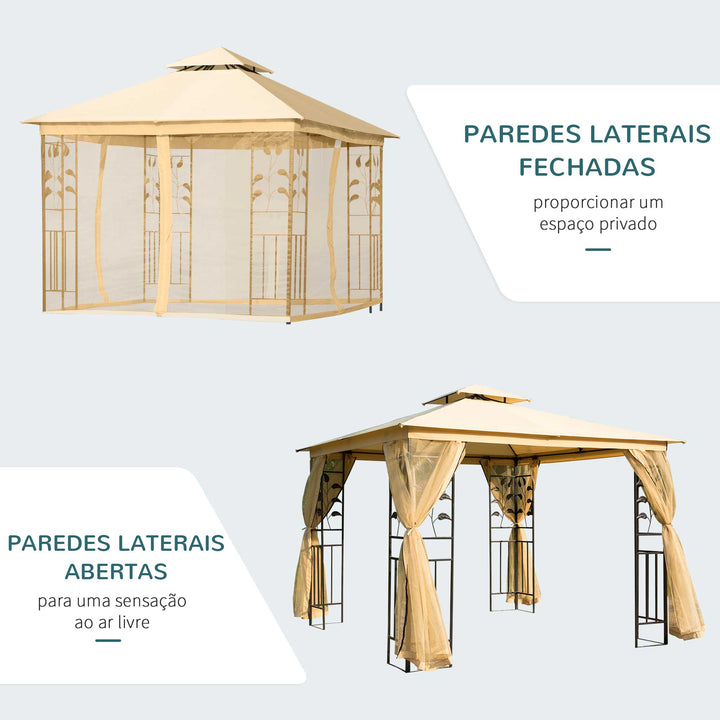 Pérgola ao ar livre 300x300x265cm com Rede Mosquiteira para Jardim Terraço com Espigões de solo Poliéster Aço Bege