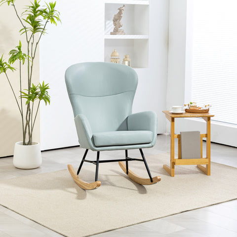 Poltrona Baloiço Estofada em Veludo Poltrona Baloiço Relax com Assento Acolchoado Apoio para os Braços e Pés de Madeira de Faia para Sala de Estar Dormitório 65x87x102 cm Verde Claro