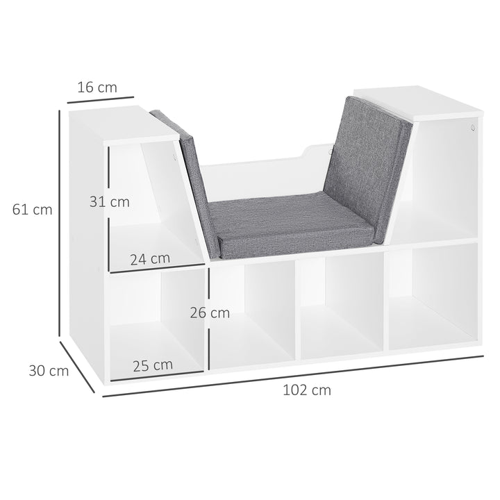 Estante com Assento 6 prateleiras em forma de cubo Livraria Infantil Original Sapateiro com Almofada Prateleira com bancada Multifinal 102x30x61cm