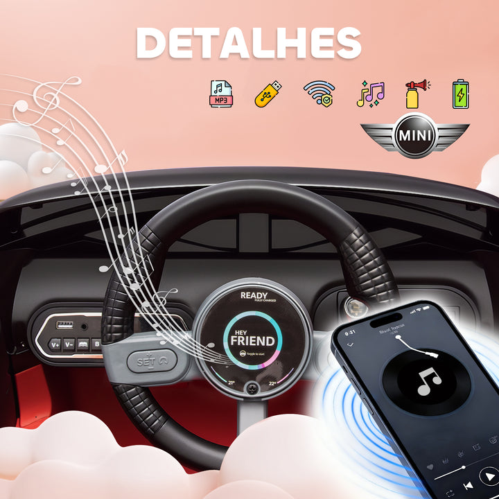 Carro Elétrico para Crianças acima de 3 Anos MINI Concept Aceman Carro a Bateria 12V com Bluetooth Controlo Remoto 2,4G Motor Duplo Suspensão Traseira Faróis Música USB 109x63x46 cm Vermelho