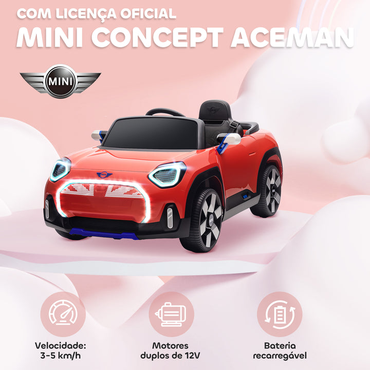 Carro Elétrico para Crianças acima de 3 Anos MINI Concept Aceman Carro a Bateria 12V com Bluetooth Controlo Remoto 2,4G Motor Duplo Suspensão Traseira Faróis Música USB 109x63x46 cm Vermelho