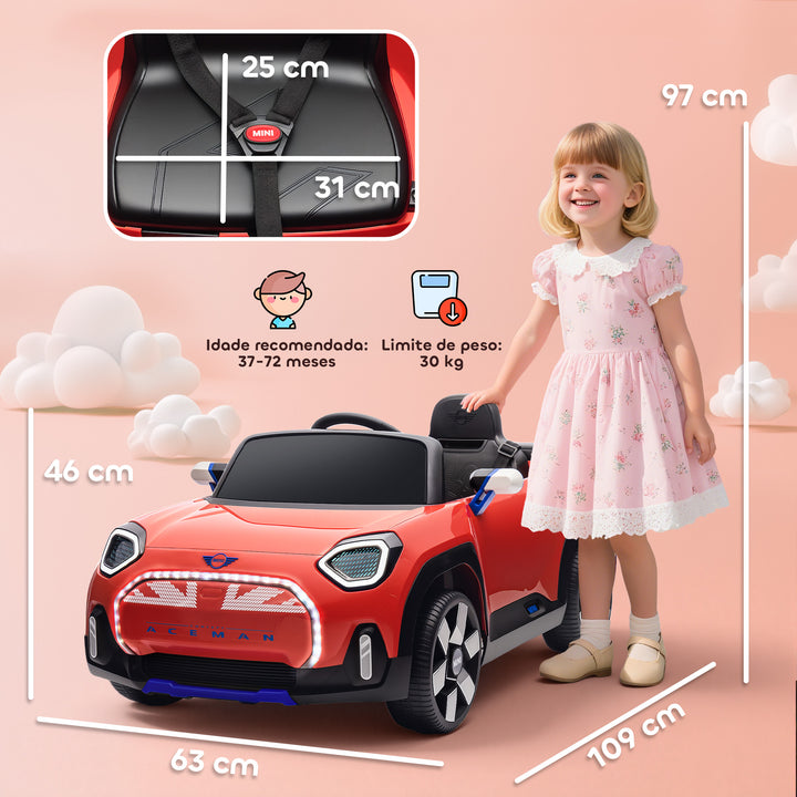Carro Elétrico para Crianças acima de 3 Anos MINI Concept Aceman Carro a Bateria 12V com Bluetooth Controlo Remoto 2,4G Motor Duplo Suspensão Traseira Faróis Música USB 109x63x46 cm Vermelho