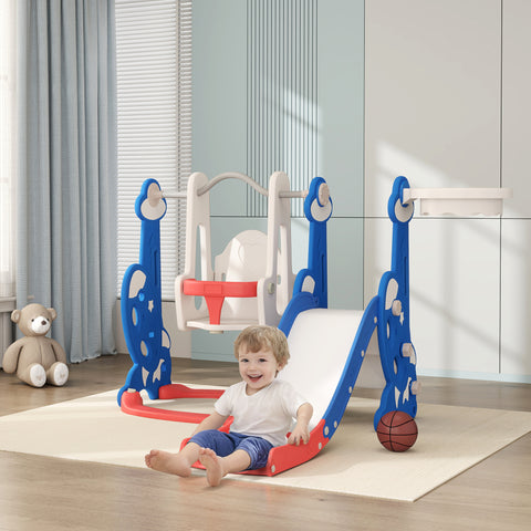 Escorrega Infantil 4 em 1 Parque Infantil com Baloiço e Escorrega Escalador Cesto de Basquetebol Temática de Foguete para Interior 147,5x160x107 cm Multicor