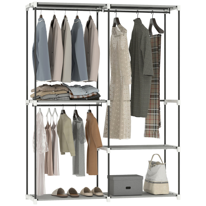 Armário de Roupa Aberto 142x43x185 cm Armário para Roupas com 4 Prateleiras de Tecido 3 Barras para Pendurar e Estrutura de Metal para Quarto Sala Closet Cinzento