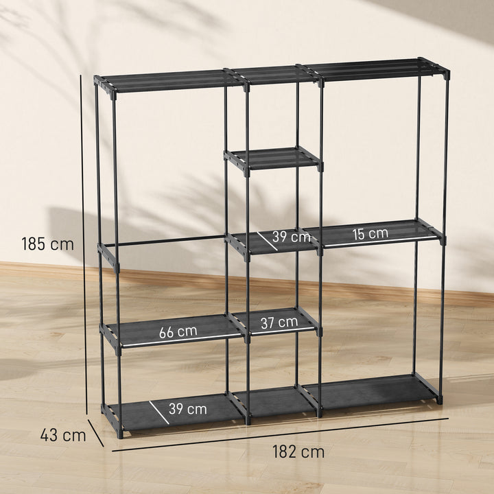 Armário para Roupas 182x43x185 cm Armário Aberto com 8 Prateleiras de Tecido Barras para Pendurar Estrutura de Metal para Quarto Sala Vestiário Preto