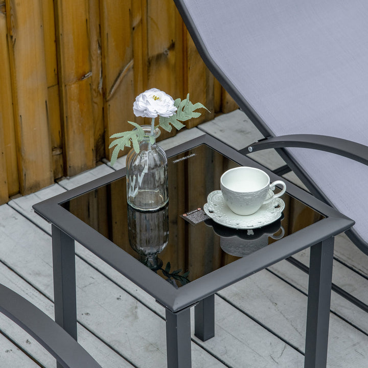 Conjunto de 2 Espreguiçadeiras de Jardim 59x169x66 cm com Mesa 41x41x45 cm Vidro Temperado Apoio de Braços para Pátio Piscina Varanda Cinza