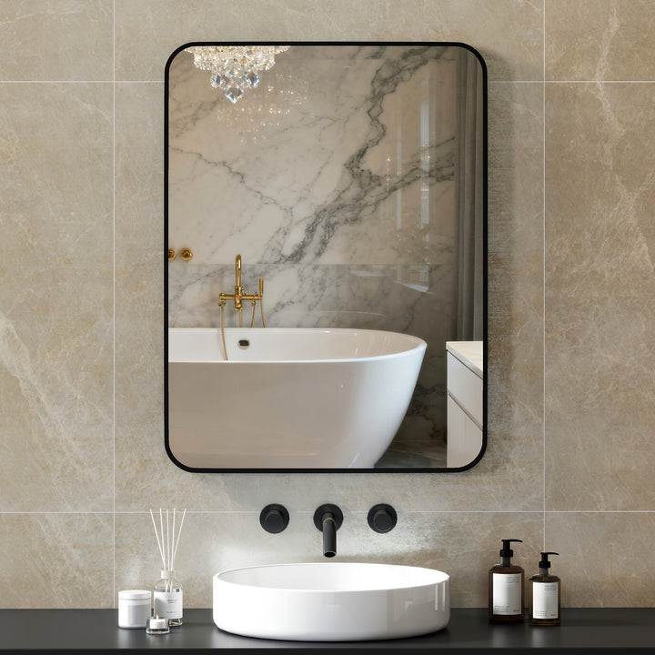 Espelho Casa de Banho 60x80 cm Espelho Retangular Espelho de Parede com Estrutura de Metal Vertical e Horizontal para Entrada Sala de Estar Preto