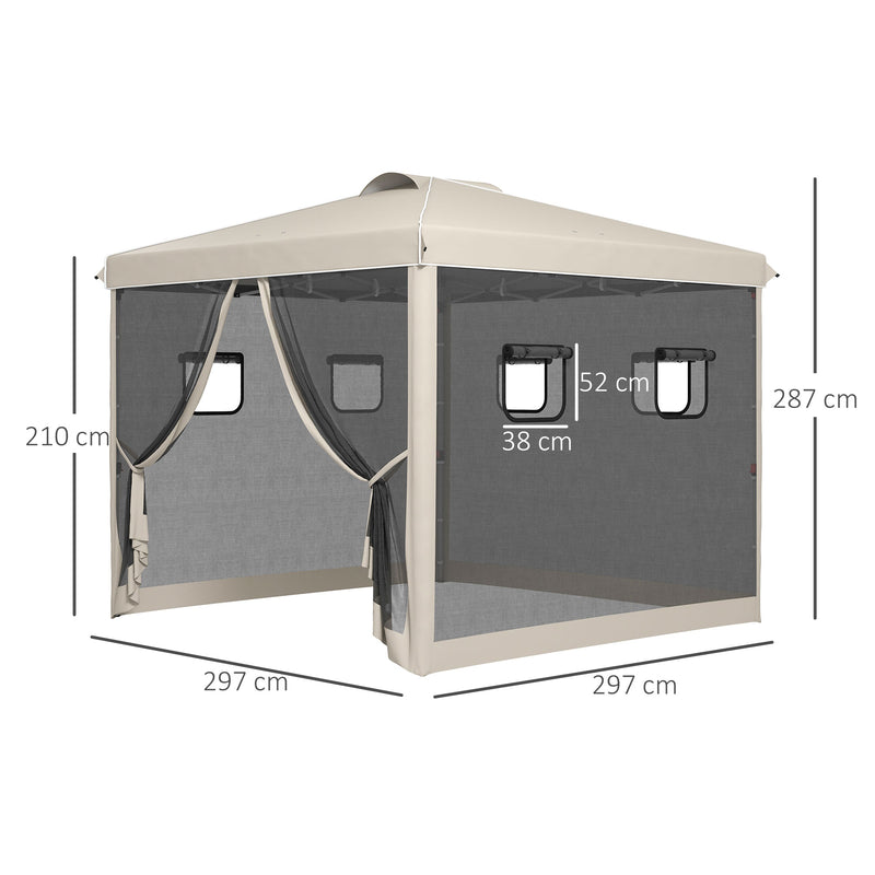 Tenda Dobrável 3x3 m Tenda de Jardim com Parede Lateral de Malha 6 Janelas Altura Ajustável em 3 Níveis Proteção UV30+ e Impermeável para Campismo Festas Bege