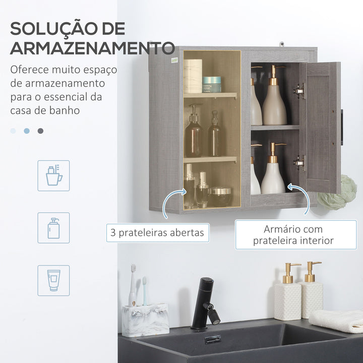 Armário Casa de Banho de Parede com 3 Prateleiras Abertas 1 Armário Móvel Auxiliar de Parede para Casa de Banho Estilo Moderno 48x20x50cm Cinza