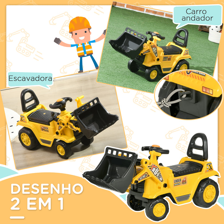 Carro Andador para Crianças de 18 a 48 Meses Escavadora para Crianças com Pá Dianteira Buzina Volante e Compartimento Oculto sob o Assento Carga 30 kg 80x26,5x39 cm Amarelo