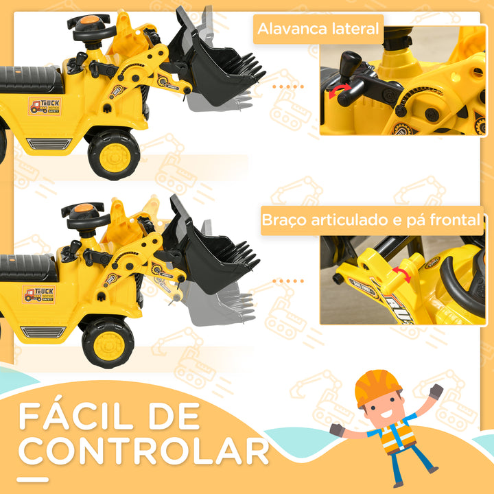 Carro Andador para Crianças de 18 a 48 Meses Escavadora para Crianças com Pá Dianteira Buzina Volante e Compartimento Oculto sob o Assento Carga 30 kg 80x26,5x39 cm Amarelo