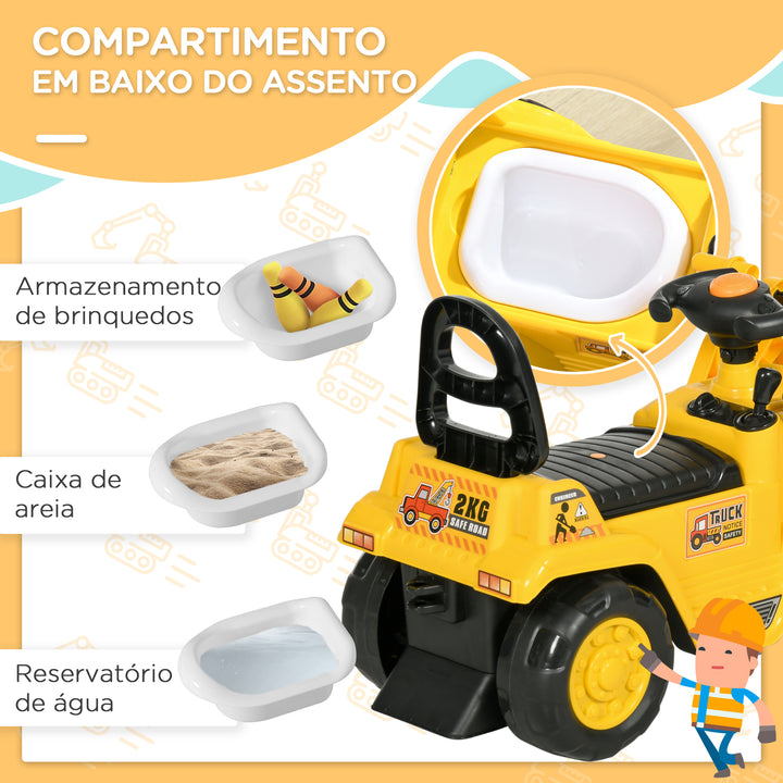Carro Andador para Crianças de 18 a 48 Meses Escavadora para Crianças com Pá Dianteira Buzina Volante e Compartimento Oculto sob o Assento Carga 30 kg 80x26,5x39 cm Amarelo