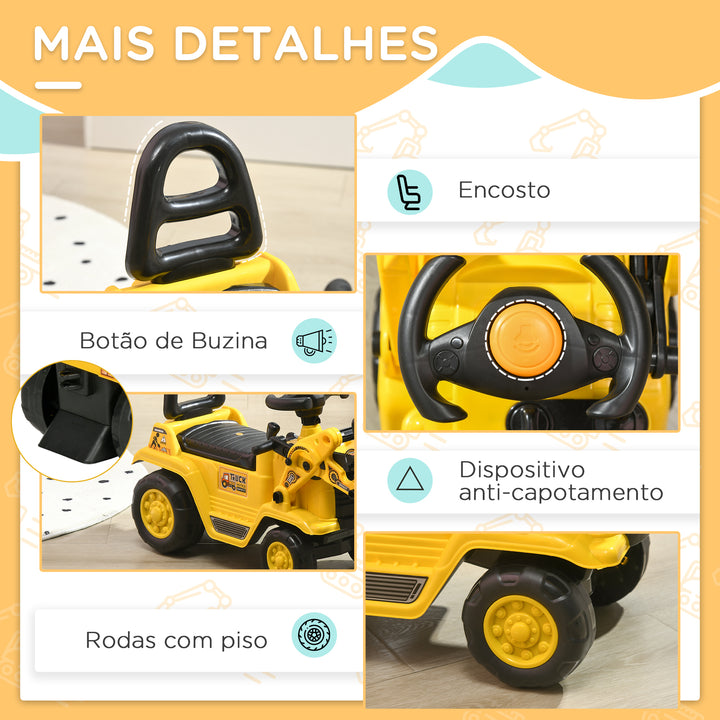 Carro Andador para Crianças de 18 a 48 Meses Escavadora para Crianças com Pá Dianteira Buzina Volante e Compartimento Oculto sob o Assento Carga 30 kg 80x26,5x39 cm Amarelo