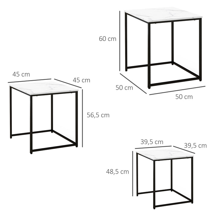 Conjunto de 3 Mesas Auxiliares para Sala de Estar Mesas Auxiliares com Efeito Mármore e Estrutura de Aço Estilo Moderno para Sala de Estar Quarto Branco e Preto