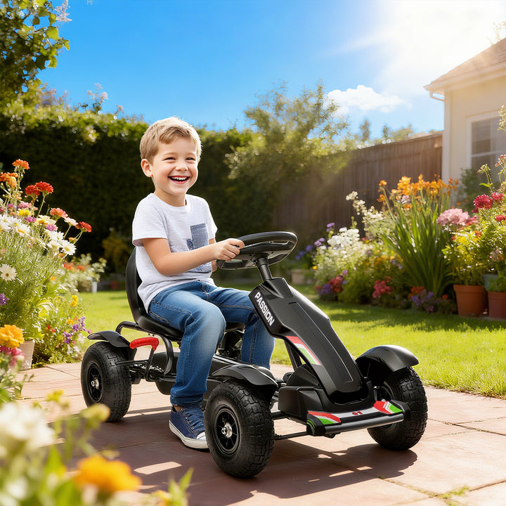 Kart a Pedais para Crianças Kart a Pedais Infantil com Assento Ajustável Pneus de Goma Travão de Mão para Crianças de 5-12 Anos Carga Máxima 50 kg 121x58x61 cm Preto