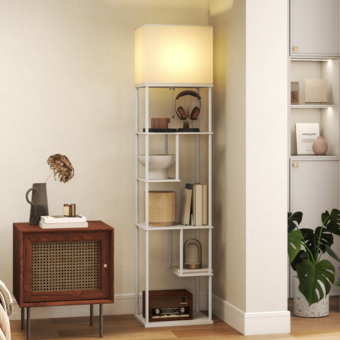 Candeeiro de Pé com Prateleiras Candeeiro de Sala com Brilho e Temperaturas de Cor Ajustáveis 3000K-6500K Controlo Remoto Casquilho E27 Temporizador para Quarto, Escritório Decoração 40x29x171 cm Branco