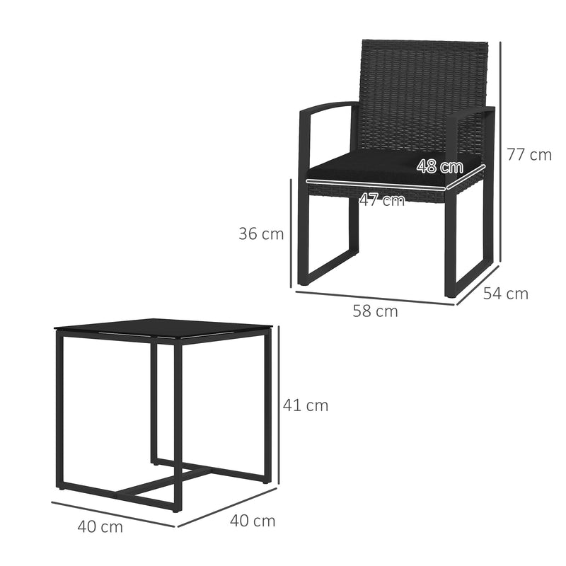 Conjunto de Móveis de Jardim de Vime Sintético Conjunto de 1 Mesa e 2 Cadeiras de Varanda com Almofadas e Apoio para os Braços para Pátio Preto