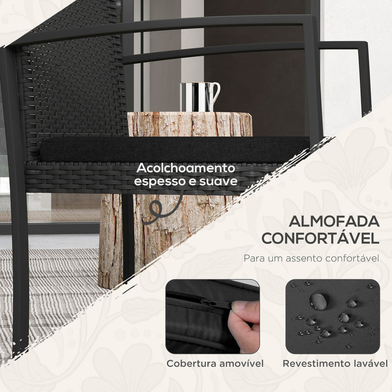 Conjunto de Móveis de Jardim de Vime Sintético Conjunto de 1 Mesa e 2 Cadeiras de Varanda com Almofadas e Apoio para os Braços para Pátio Preto