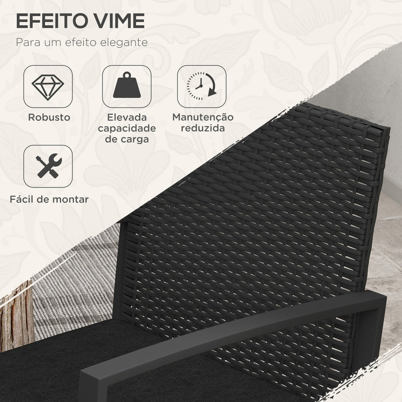 Conjunto de Móveis de Jardim de Vime Sintético Conjunto de 1 Mesa e 2 Cadeiras de Varanda com Almofadas e Apoio para os Braços para Pátio Preto