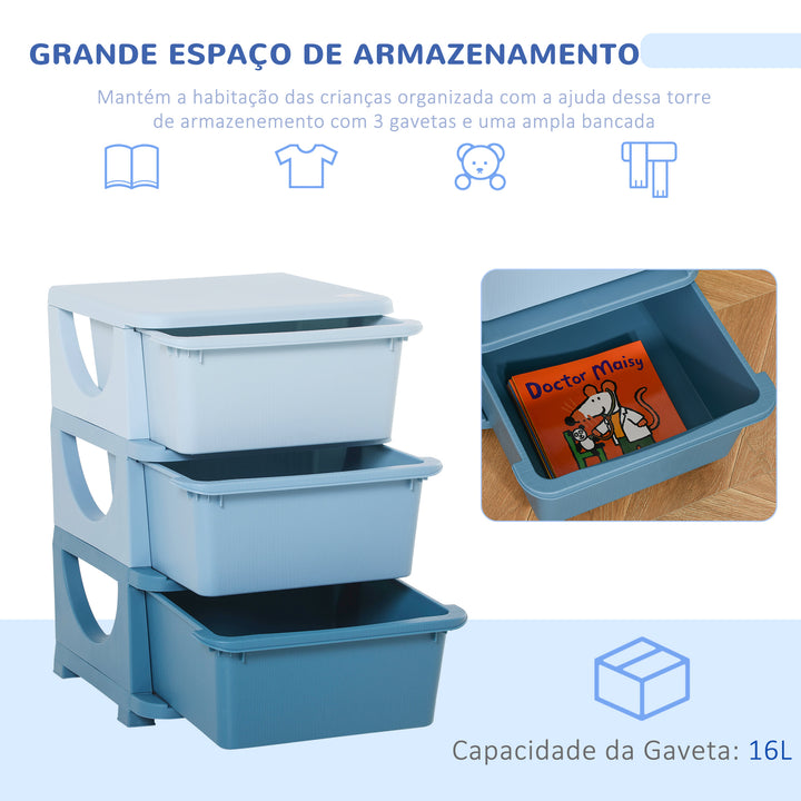 Organizador de Brinquedos Infantil para crianças acima de 3 anos com 3 Gavetas e Alças amplo espaço de armazenamento para Roupas Livros brinquedos 37x37x56,5 cm Azul