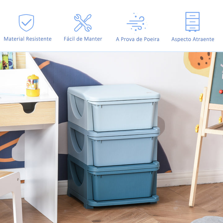 Organizador de Brinquedos Infantil para crianças acima de 3 anos com 3 Gavetas e Alças amplo espaço de armazenamento para Roupas Livros brinquedos 37x37x56,5 cm Azul