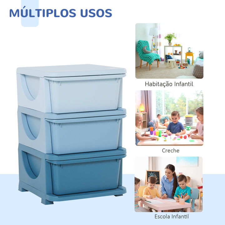 Organizador de Brinquedos Infantil para crianças acima de 3 anos com 3 Gavetas e Alças amplo espaço de armazenamento para Roupas Livros brinquedos 37x37x56,5 cm Azul