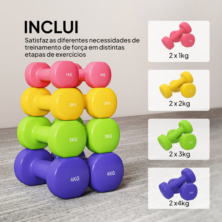 Jogo de 8 Halteres Hexagonais 4 Pares 4kg 3kg 2kg 1kg com Revestimento Pesos para Exercícios em Casa Academia Aço Multicolor