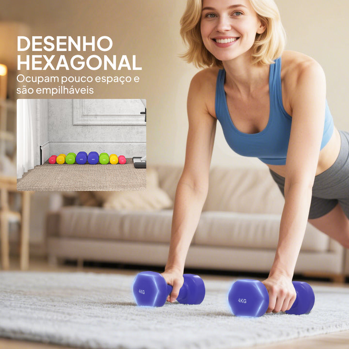 Jogo de 8 Halteres Hexagonais 4 Pares 4kg 3kg 2kg 1kg com Revestimento Pesos para Exercícios em Casa Academia Aço Multicolor